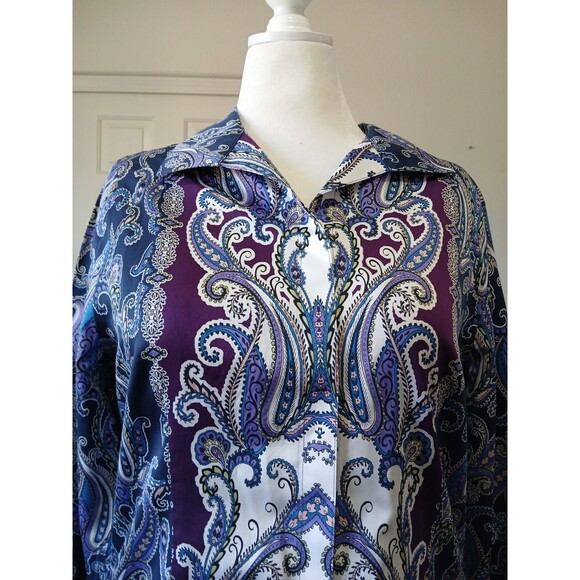 Chicos Women's Tunic Blouse Size 2 L Paisley Blue Purple Button Up Long Sleeve - Picture 6 of 15